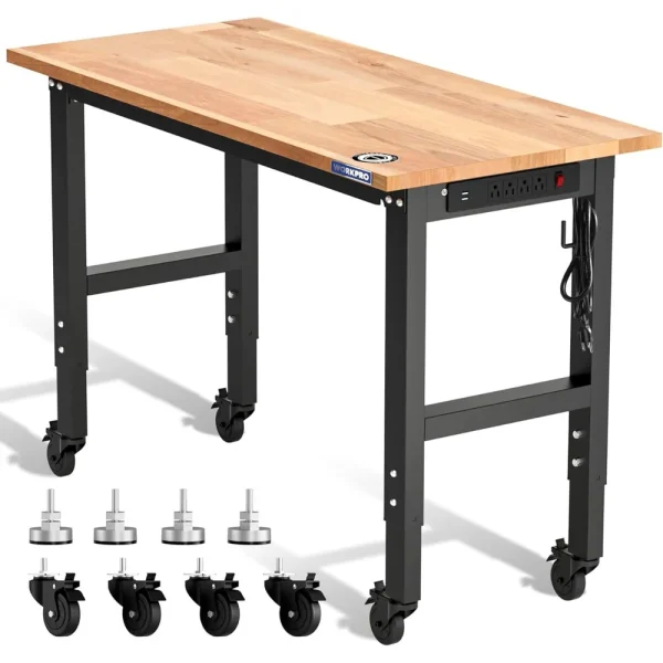WORKPRO 48″X22″ Adjustable Rubber Wood Top Workbench with Casters, Leveling Foot and Power Outlets, 1500 LBS Load Cap...