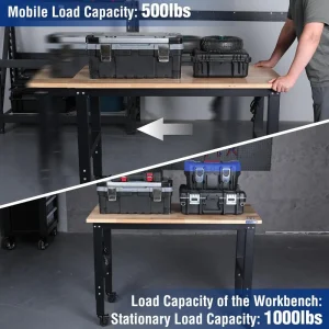 WORKPRO 48″X22″ Adjustable Rubber Wood Top Workbench with Casters, Leveling Foot and Power Outlets,  - view 4
