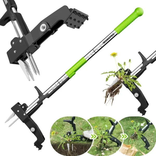 WORKPRO Heavy Duty Root Remover Tool, Stand Up Garden Weed Puller Tool with Ergonomic 39″ Long Handle, 4 Claws Steel ...