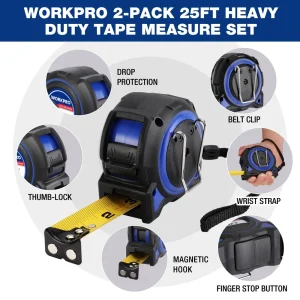 WORKPRO 2 Pcs 16FT Retractable Heavy Duty Tape Measure, Double Retract Long Stand Accuracy 1/32, wit - view 2