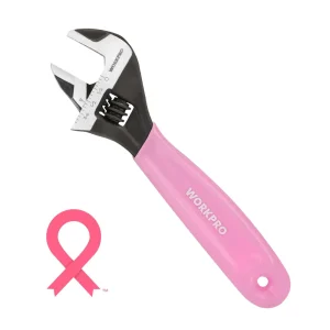 WORKPRO 6-Inch Cr-V Steel Pink Adjustable Wrench, Wide Jaw Black Oxide, Metric & SAE Scales – Pink Ribbon