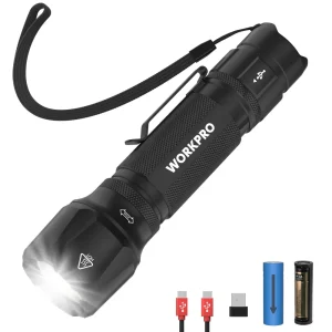 WORKPRO Rechargeable EDC Mini 1200LM Tactical Flashlight with Clip & Lanyard, 7 Light Modes, Zoomable Adjustable Focu...