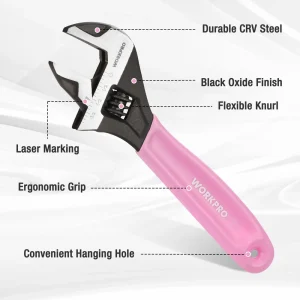 WORKPRO 2-piece Pink Adjustable Wrench Set, 6-Inch & 10-Inch, Wide Jaw Black Oxide Wrench, Metric &  - view 4