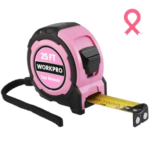 WORKPRO 25FT Pink Magnetic Hook Measuring Tape, 1/32″ Accuracy with Retractable Nylon Coating & Belt Clip – Pink Ribbon