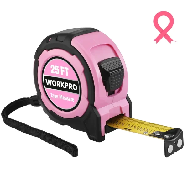 WORKPRO 25FT Pink Magnetic Hook Measuring Tape, 1/32″ Accuracy with Retractable Nylon Coating & Belt Clip – Pink Ribbon