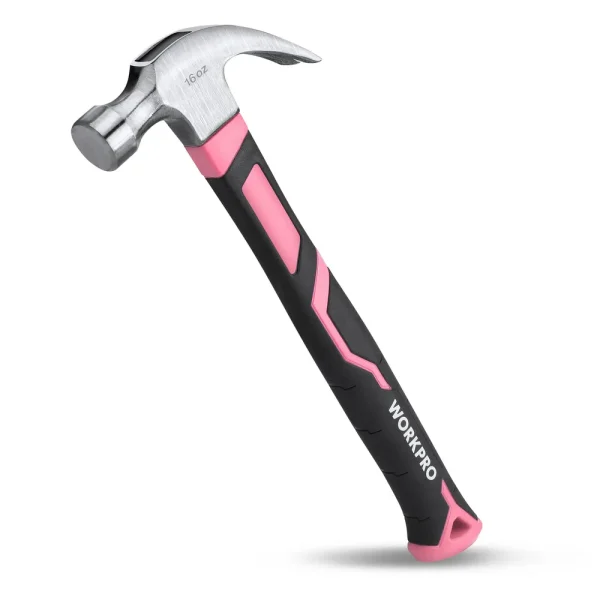 WORKPRO 16 oz Claw Hammer with Fiberglass Handle & Forged Hardened Steel Head – Pink Ribbon