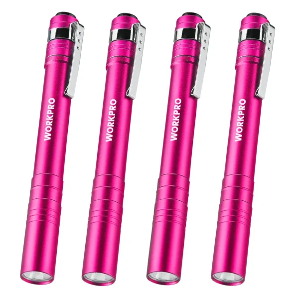 WORKPRO Pink LED Aluminum Pen Light, Pocket Flashlight with Clip, 8AAA Batteries Include (4-Pack) – Pink Ribbon