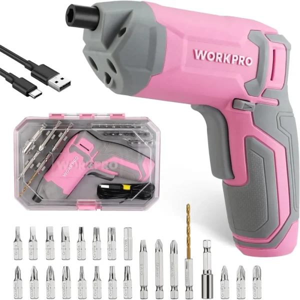WORKPRO 3.6V Pink Cordless Electric Rechargeable Eccentric Power Screwdriver Kit with 24 Pcs Bits & Carrying Case－Pin...