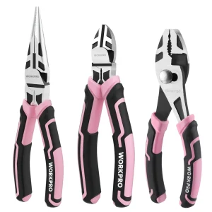 WORKPRO 3-Piece Pliers Set, Including Needle Nose Pliers, Diagonal Cutting Pliers, and Slip Joint Pliers – Pink Ribbon