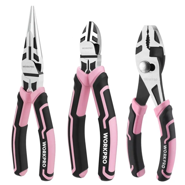 WORKPRO 3-Piece Pliers Set, Including Needle Nose Pliers, Diagonal Cutting Pliers, and Slip Joint Pliers – Pink Ribbon