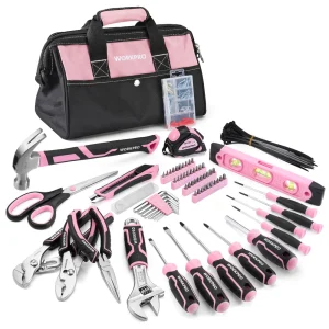 WORKPRO 277 Pcs Pink Tool Set with 13-Inch Wide Mouth Open Storage Bag – Pink Ribbon