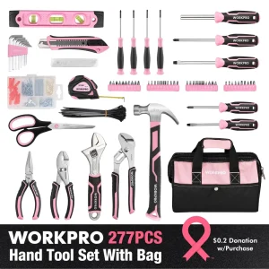 WORKPRO 277 Pcs Pink Tool Set with 13-Inch Wide Mouth Open Storage Bag – Pink Ribbon - view 2