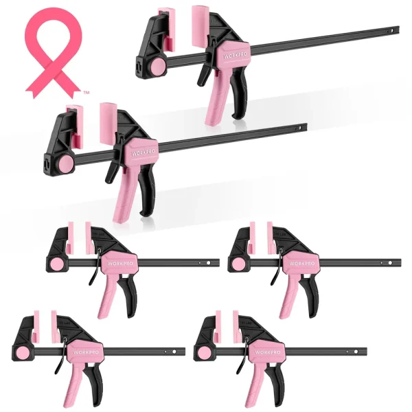 WORKPRO 6-Pack Bar Clamps for Woodworking, 4PC 6″ & 2PC 12″ Wood Clamp Set with 150 lbs Load Limit – Pink Ribbon