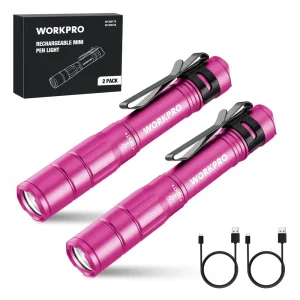 WORKPRO 2 Pack Mini EDC Rechargeable Pen Light with Clip, Memory Function and 2 x USB C Cable Included – Pink Ribbon