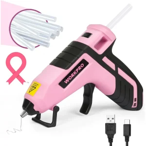 WORKPRO 3.6V Cordless Hot Glue Gun (Upgrade), with 20 Pcs Premium Mini Glue Sticks- Pink Ribbon