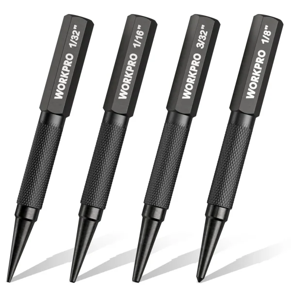 WORKPRO 4-Piece Nail Punch and Center Punch Set, 1/32″, 1/16″, 3/32″ Nail Setter & 1/32″ Center Punch Tool