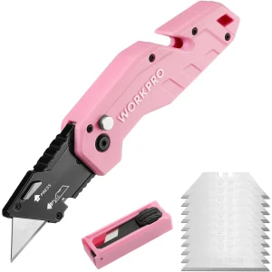 WORKPRO Folding Utility Knife with 10 Extra Blades – Pink Ribbon