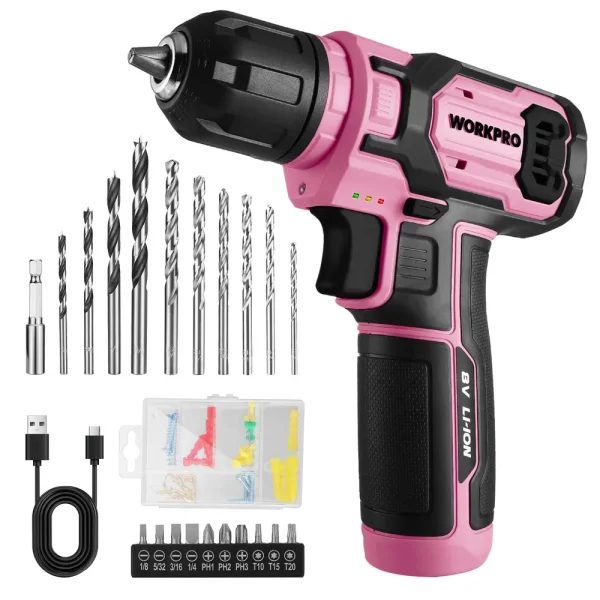 WORKPRO 8V Cordless Drill Driver Set with 53pcs Bit Set, 2.0Ah Electric Drill Kit with 3/8″ Keyless Chuck – Pink Ribbon
