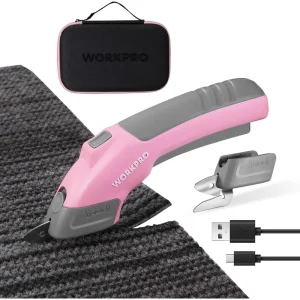 WORKPRO 4V Rechargeable Cordless Electric Scissors With Storage Case & 2 blades – Pink Ribbon
