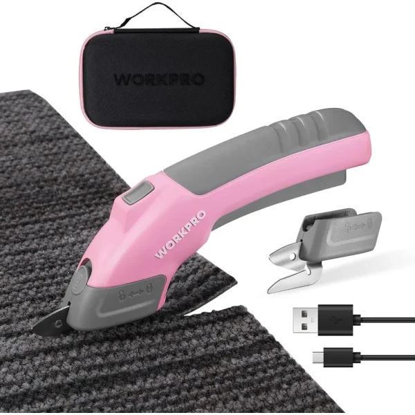 WORKPRO 4V Rechargeable Cordless Electric Scissors With Storage Case & 2 blades – Pink Ribbon