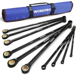 WORKPRO 10 Pcs Extra Long Box End and Anti-slip Ratcheting Wrench Set with Rolling Pouch, Metric 8-19 mm, 72-Teeth