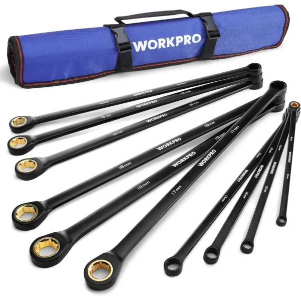 WORKPRO 10 Pcs Extra Long Box End and Anti-slip Ratcheting Wrench Set with Rolling Pouch, Metric 8-19 mm, 72-Teeth