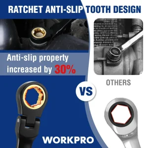 WORKPRO 5-piece Anti-Slip Double Box Extra Long Flex-Head Ratcheting Wrench Set with Rolling Pouch,  - view 2