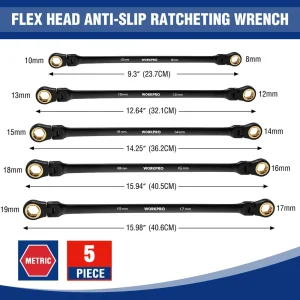 WORKPRO 5-piece Anti-Slip Double Box Extra Long Flex-Head Ratcheting Wrench Set with Rolling Pouch,  - view 4