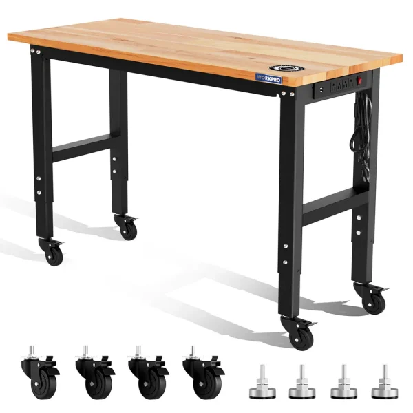 WORKPRO 48″X22″ Adjustable Workbench with Casters, Leveling Foot and Power Outlets, 1500 LBS Load Capacity