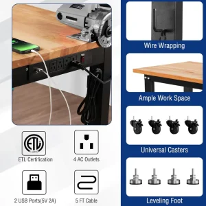 WORKPRO 48″X22″ Adjustable Workbench with Casters, Leveling Foot and Power Outlets, 1500 LBS Load Capacity - view 2