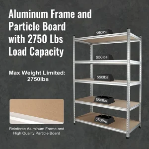 WORKPRO 5-Tier Adjustable Aluminum Alloy Shelf Storage Shelving Unit, 48”W x 24”D x 72”H - view 4