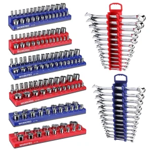 WORKPRO 8-Piece Magnetic Socket Organizer and Metric SAE Wrench Organizer Set, 1/4″, 3/8″, 1/2″ Drive Metric SAE Sock...
