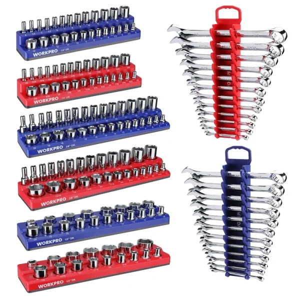 WORKPRO 8-Piece Magnetic Socket Organizer and Metric SAE Wrench Organizer Set, 1/4″, 3/8″, 1/2″ Drive Metric SAE Sock...