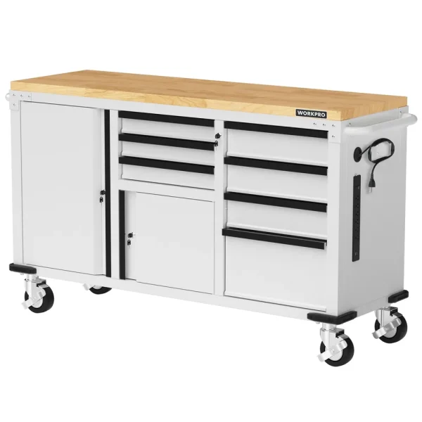 WORKPRO 62″ x 20″ 7-Drawer & 2-Door Rolling Tool Storage Cabinet with Power Strip, Locking System – 1000 lbs Capacity
