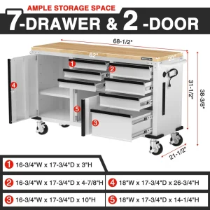 WORKPRO 62″ x 20″ 7-Drawer & 2-Door Rolling Tool Storage Cabinet with Power Strip, Locking System –  - view 2