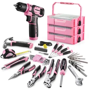 WORKPRO 43-Piece Cordless 8V Drill Driver Home Tool Set with Stackable Tool Box – Pink Ribbon