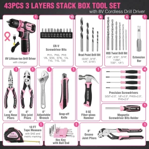 WORKPRO 43-Piece Cordless 8V Drill Driver Home Tool Set with Stackable Tool Box – Pink Ribbon - view 3